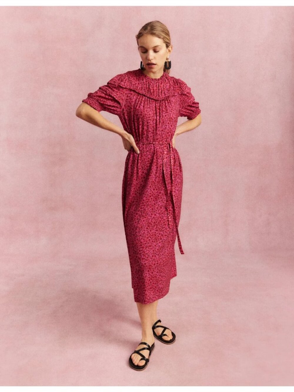 Boden Dress Womens 8 Pink Red Floral Jersey Midi Short Puff Sleeve Pockets NWT